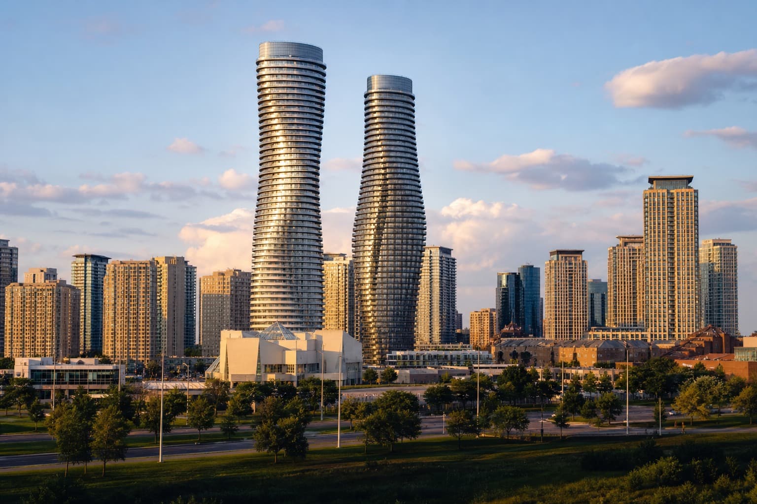 Mississauga skyline with city towers in warm evening light