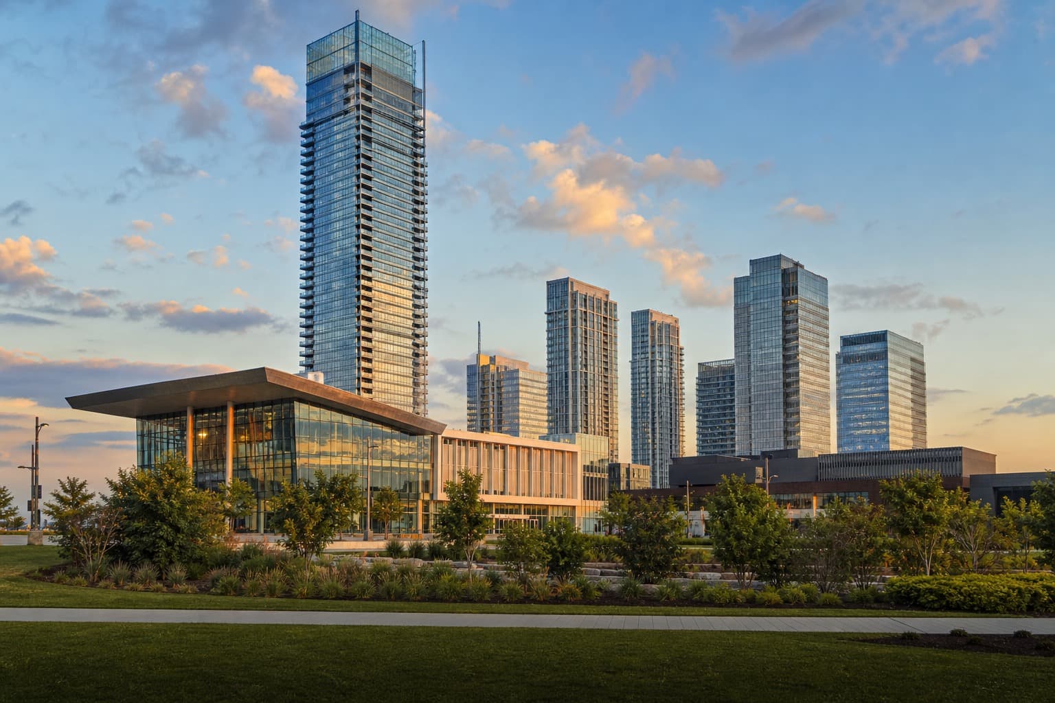 Modern Vaughan skyline and civic buildings beneath a blue evening sky