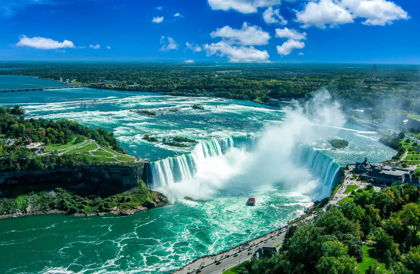 Aerial view of Horseshoe Falls and the river below on a bright day