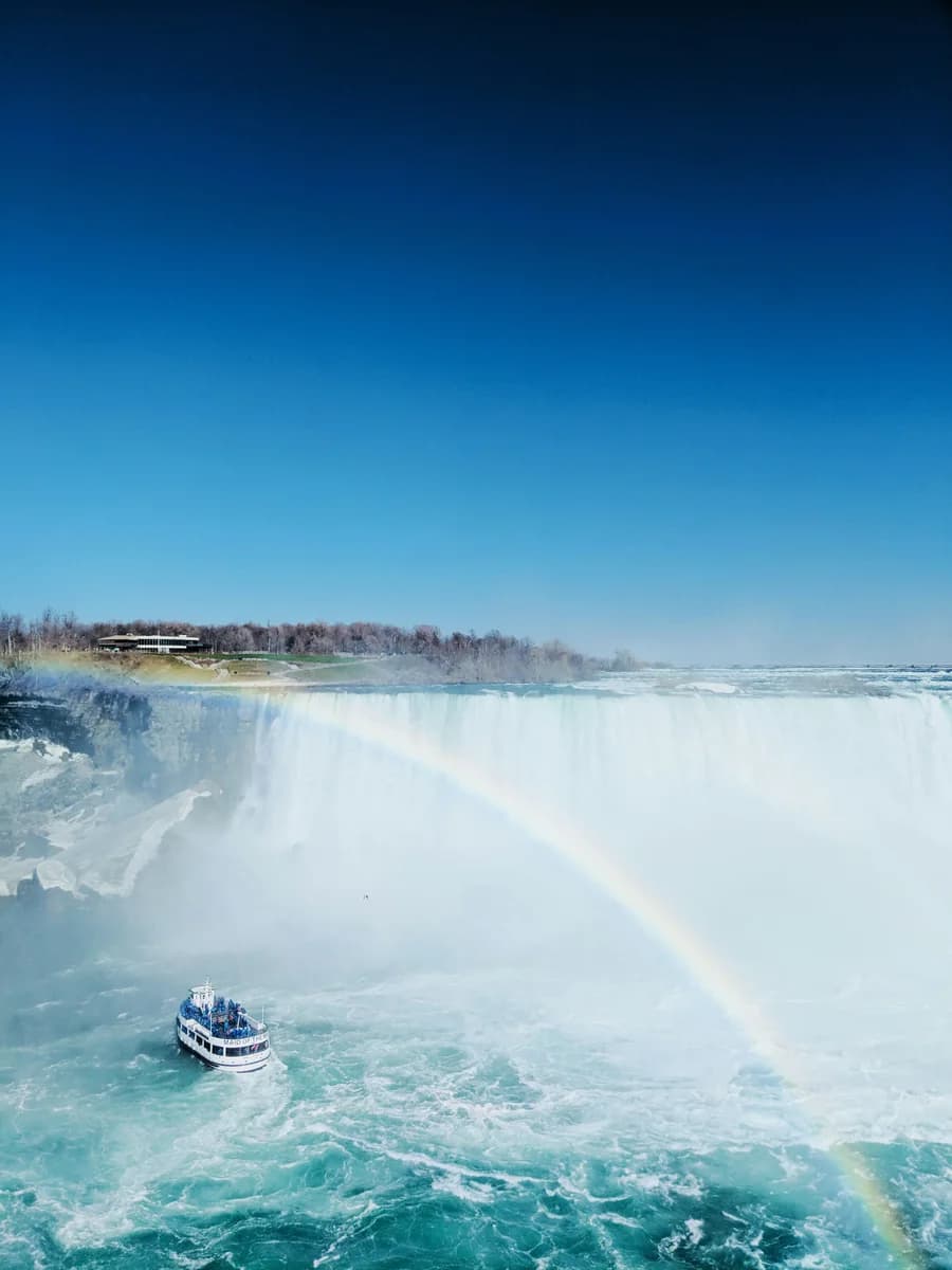 Niagara Falls with a rainbow rising through the mist