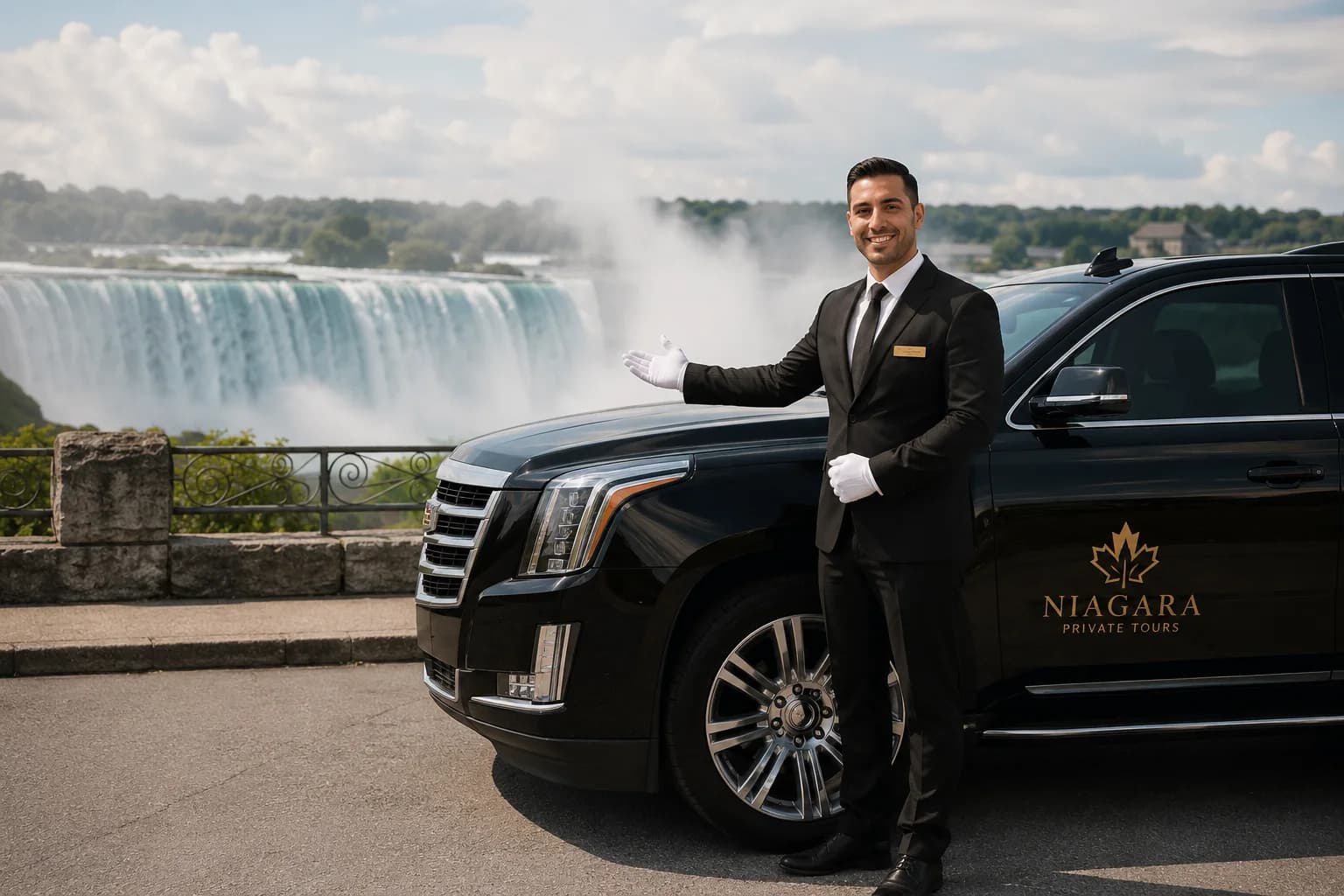Tour Niagara chauffeur standing beside a branded SUV near Niagara Falls
