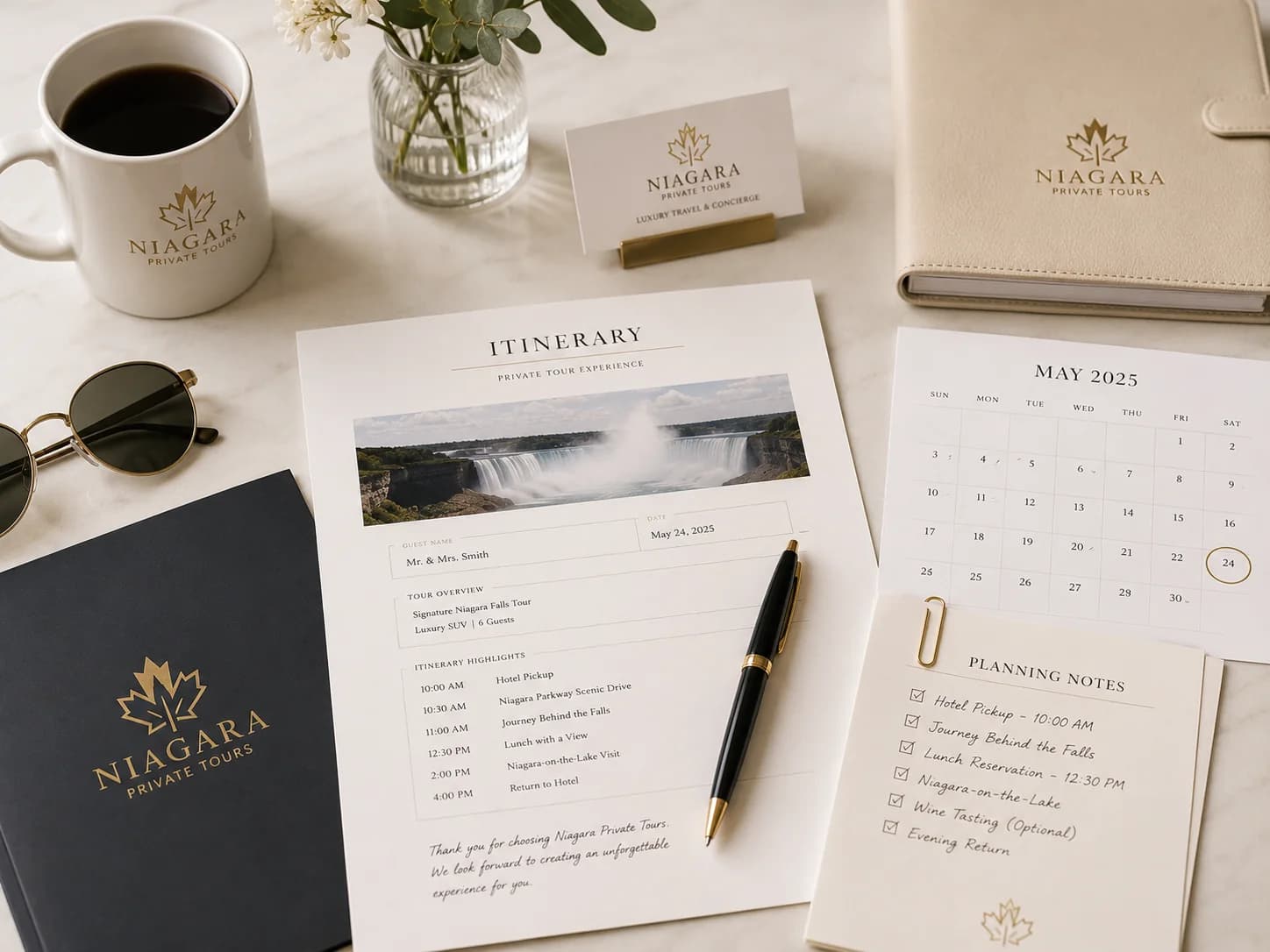 Tour Niagara itinerary and planning materials on a desk